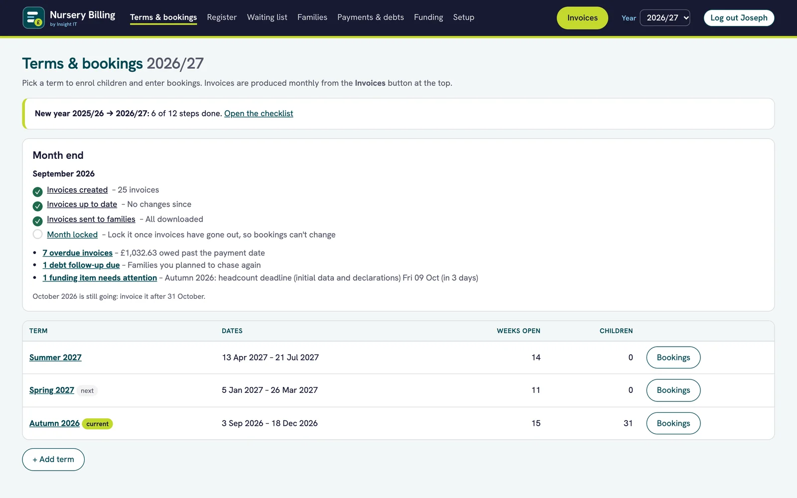 Nursery Billing dashboard with the month-end checklist and list of terms.
