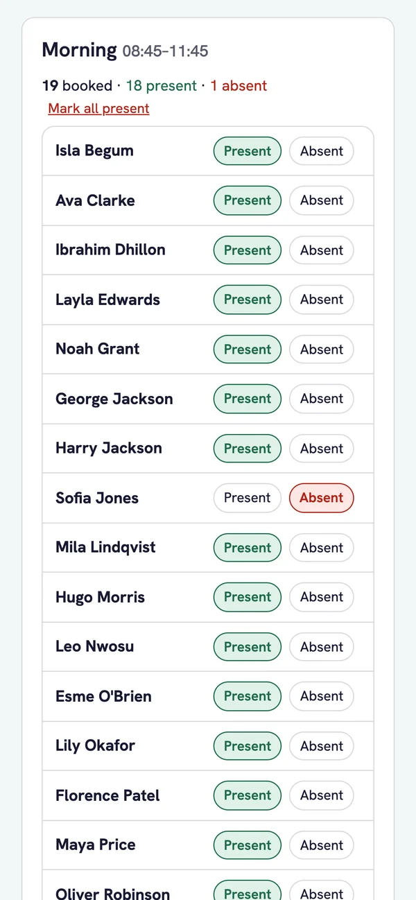 The optional daily register on a phone: this morning’s session with present and absent marks.