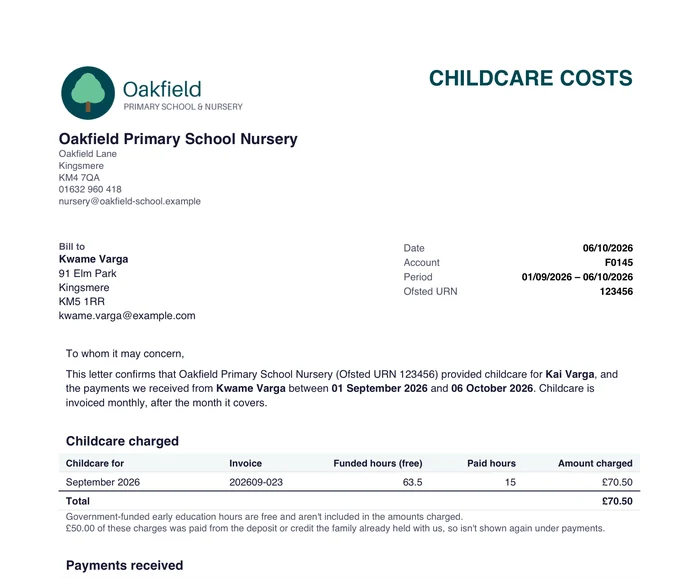 A childcare costs letter for a family, showing childcare charged and payments received.
